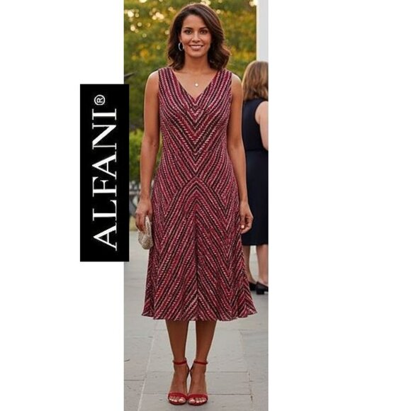 ALFANI - 100% silk sleeveless red herringbone print dress - Picture 1 of 10
